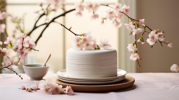 Una elegante configuración de postre con un pastel con cáscara de nuez en un soporte de cerámica rodeado de un entorno pastel tranquilo con flores delicadas