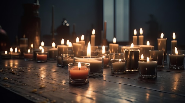 Elegante conjunto de velas em uma mesa de madeira com decorações douradas Generative ai
