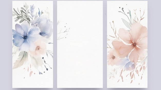 Elegante conjunto de plantilla de tarjeta de invitación de boda con decoración floral y hojas Fondo de acuarela en blanco AI generativo