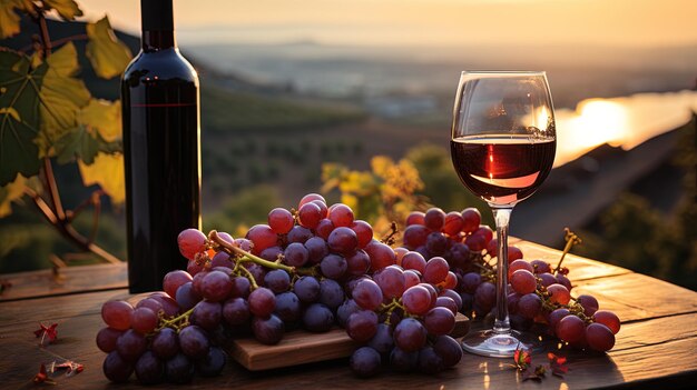Foto elegante copa y botella de vino tinto con uvas en una mesa de madera luz natural