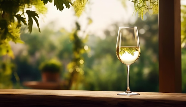 Elegante copa de vino blanco sobre fondo borroso con uvas de vino en bodega Vino joven IA generativa