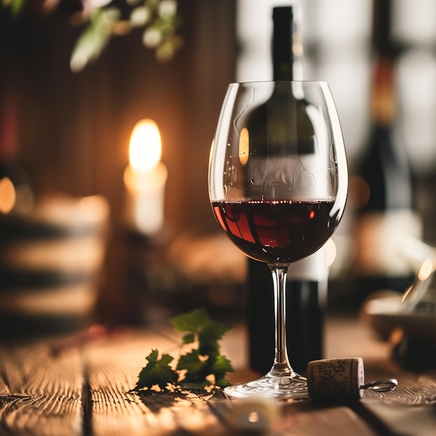 Elegante copa de vino rojo con botellas y sacacorchos en una mesa rústica ideal para comer y degustar vino