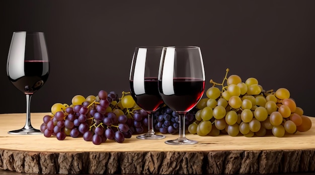 una elegante copa de vino tinto con uvas frescas