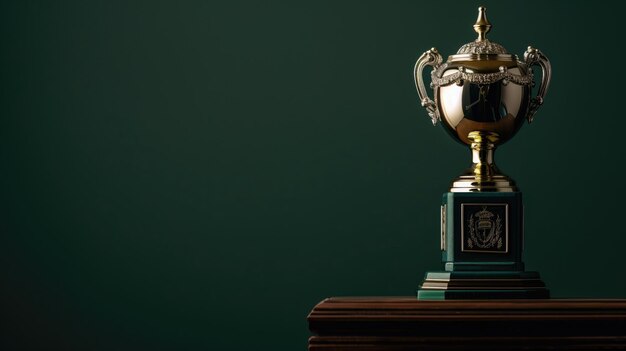 Elegante copo de troféu de pé contra um fundo verde escuro