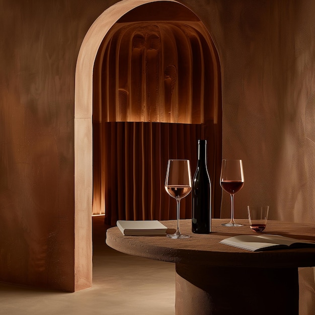 Elegante copo de vinho vermelho com garrafas e saca-rolhas em mesa rústica ideal para jantar e degustar vinho