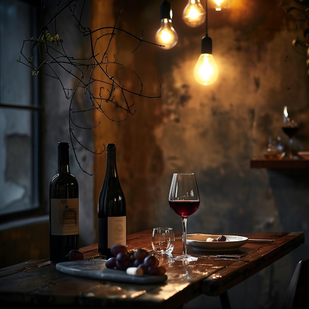 Elegante copo de vinho vermelho com garrafas e saca-rolhas em mesa rústica ideal para jantar e degustar vinho