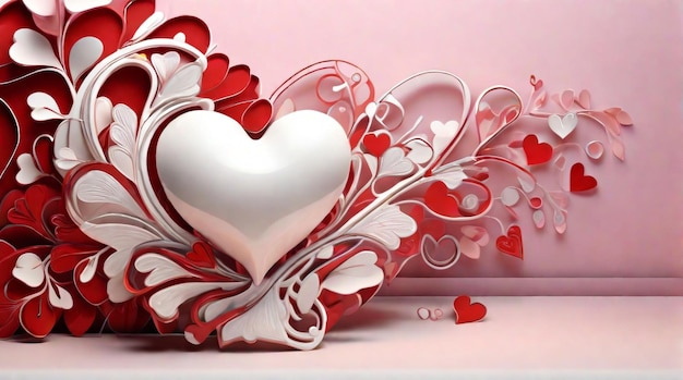 Elegante corazón de color blanco 3D en una impresionante obra de arte de fondo concepto de papel pintado por el día de San Valentín