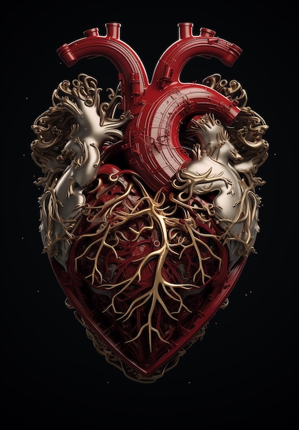 Elegante corazón humano steampunk sobre un fondo oscuro con elementos dorados