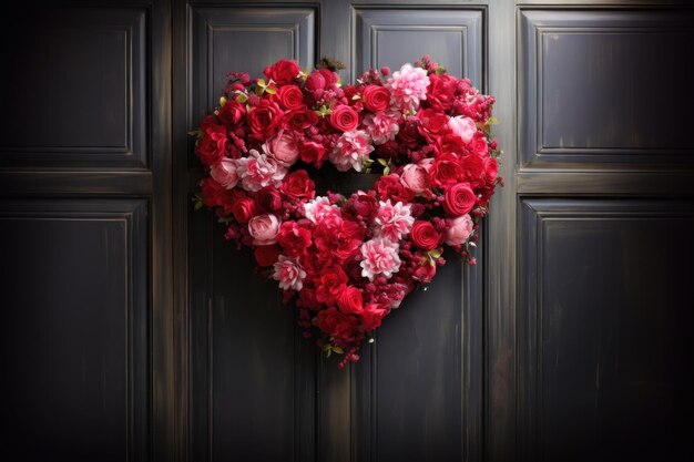 Foto elegante coroa em forma de coração com rosas em superfície de madeira