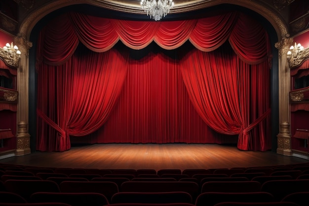 Elegante cortina roja en el escenario de teatro clásico vacío IA generativa