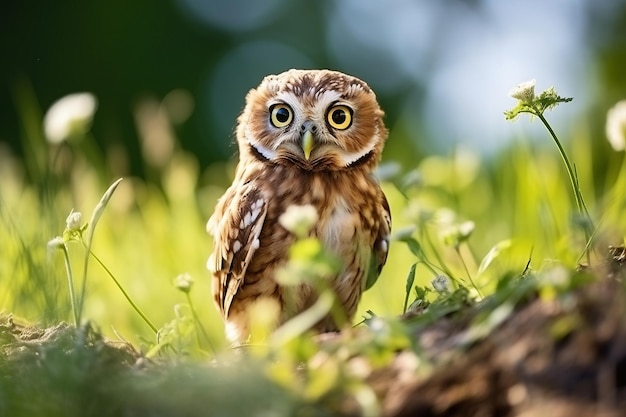 Foto elegante coruja athene cunicularia olhando para o prado verde ar 32