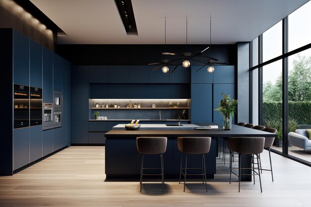 Foto elegante cozinha azul sofisticada renderização 3d