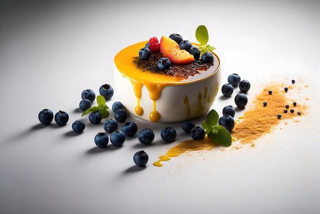 Elegante Creme Brulee com uma base de creme clássico e uma cobertura colorida de frutas