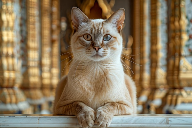 Elegante cremefarbene Hauskatze sitzt anmutig in einer häuslichen Umgebung mit stilvollen Mustern