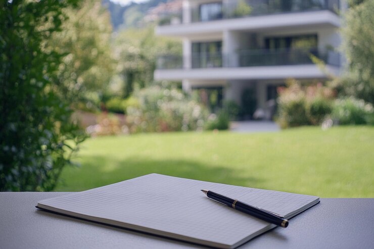 Elegante cuaderno y bolígrafo en la mesa con una vista serena del jardín en el fondo IA generativa