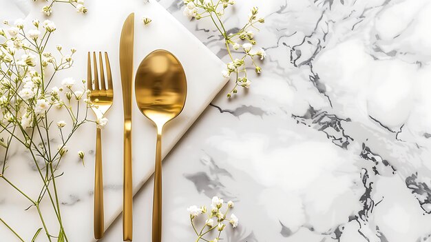 Foto elegante cubiertos de oro sobre fondo de mármol con flores blancas