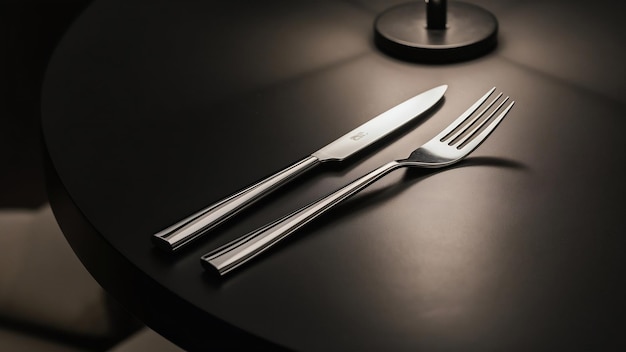 Elegante cuchillo y tenedor de acero inoxidable que se encuentran en una mesa negra lisa paralela entre sí y mirando hacia el