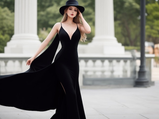 Elegante Dame in langem schwarzem Kleid und Hut Modewoman im Abend Luxuskleid mit Schnitt über Weiß
