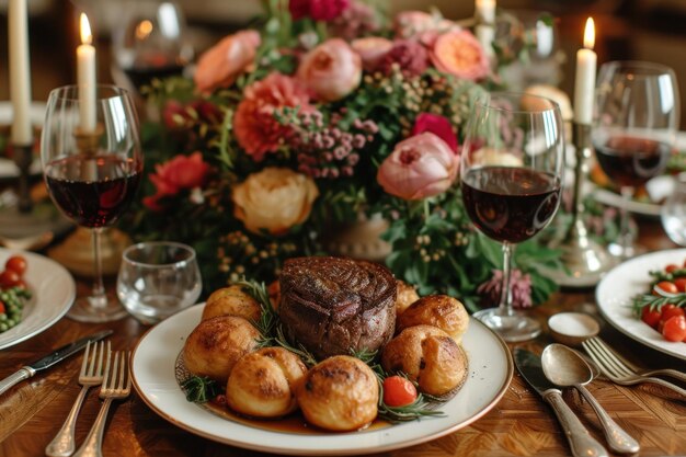 Elegante decoração de mesa com cozinha francesa clássica que personifica as tradições culinárias