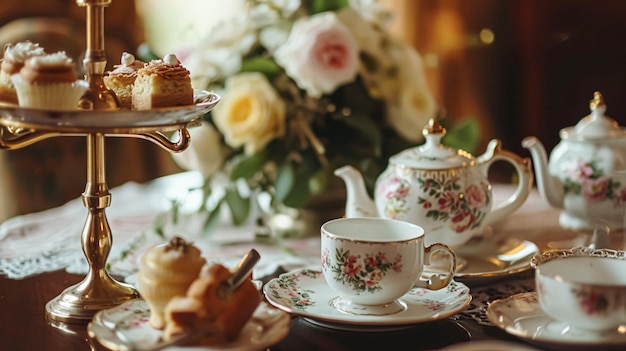 Elegante decoração de mesa para festa de chá com bolos e cupcakes em estilo vintage de mansão inglesa