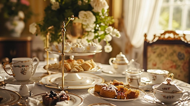 Foto elegante decoração de mesa para festa de chá com bolos e cupcakes em estilo vintage de mansão inglesa