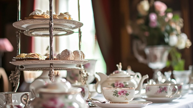 Elegante decoração de mesa para festa de chá com bolos e cupcakes em estilo vintage de mansão inglesa