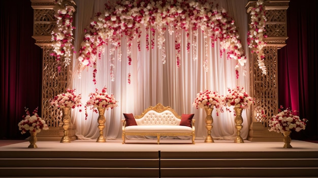 Elegante decoração de palco de casamento indiano com flores
