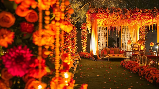 Elegante decoración floral de bodas indias en cálidos tonos naranja y rojo