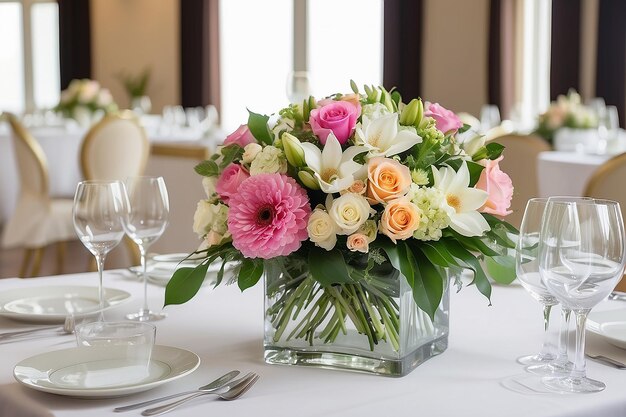 Foto elegante decoración floral en la mesa en un restaurante para una fiesta de evento o boda