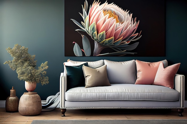 La elegante decoración de una habitación cuenta con un sofá y una hermosa flor de protea en la pared Generative Ai