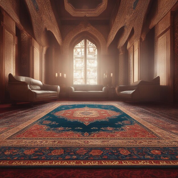 La elegante decoración de la habitación incluye una lujosa alfombra azerbaiyana y una exquisita lámpara de araña.