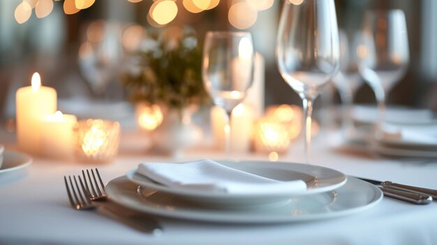 Elegante decoración de la mesa para una buena cena con delicados vasos de vidrio y iluminación suave