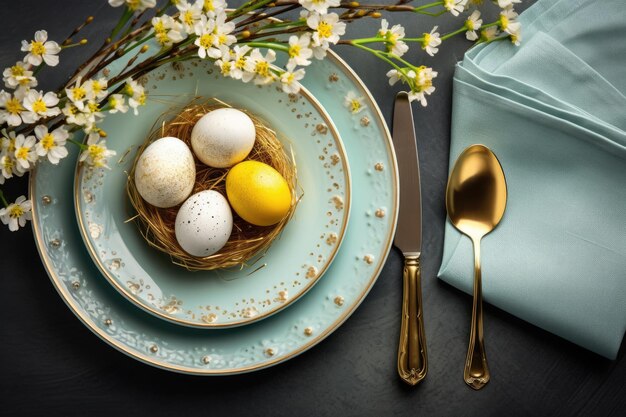 Elegante decoración de mesa de Pascua con huevos decorados y flores de primavera