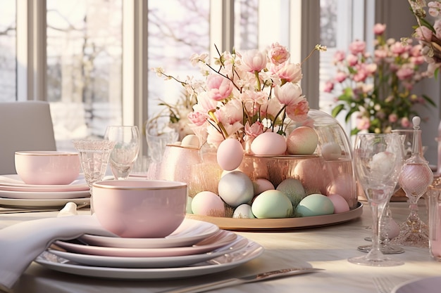 Elegante decoración de mesa con tema de Pascua con porcelana fina 00255 00