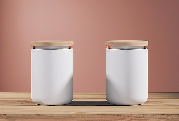 Elegante decoración minimalista para el hogar frascos de almacenamiento blancos con tapas de madera en un estante de madera perfectos para el diseño y la organización de interiores modernos