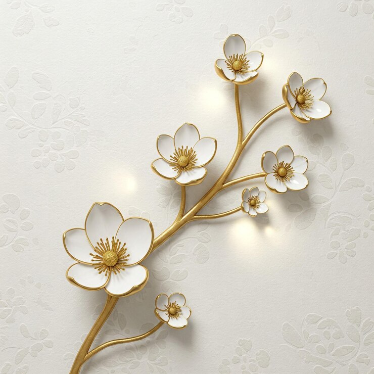 Elegante decoración de la pared con ramas florales doradas y blancas