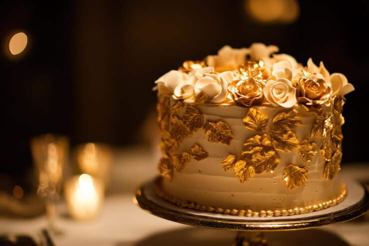 Foto elegante desenho de bolo de casamento dourado e branco