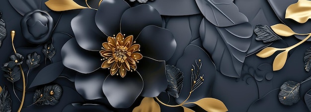 Elegante desenho floral 3D preto e dourado