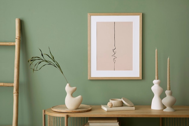 Elegante design de interiores de sala de estar com molduras de pôster simuladas cômoda de madeira vaso bege e acessórios criativos para casa Parede verde sálvia Modelo