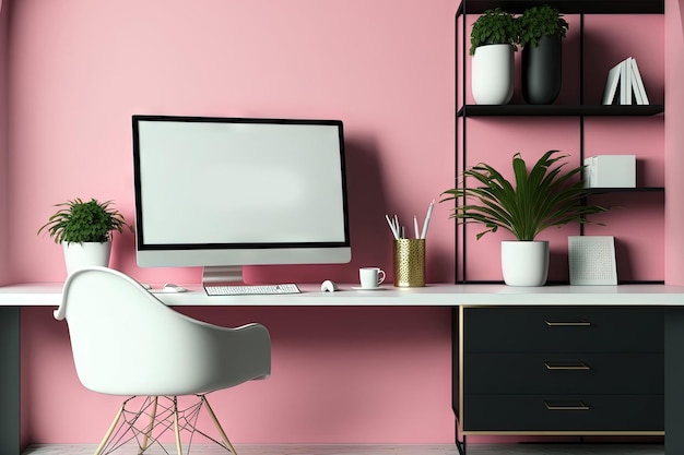 Elegante design de interiores de sala de trabalho em casa rosa com maquete de tela em branco de computador na mesa contra a parede rosa com prateleira de parede e ilustração 3d de decoração