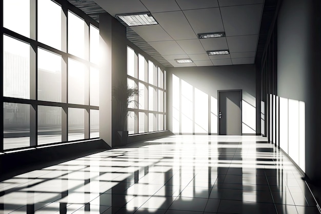 Elegante design de interiores lacônico em prédio de escritórios vazio inundado com luz solar de grandes janelas