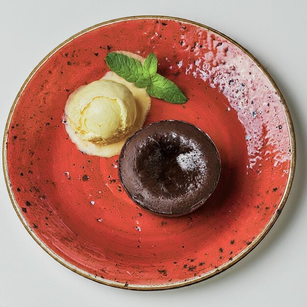 Elegante Dessertpräsentation mit Schokoladen-Lava-Kuchen und Vanille-Eis auf einem roten Teller