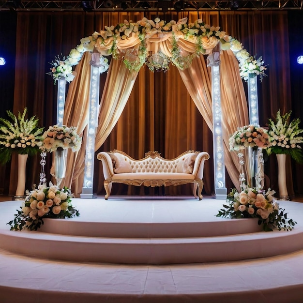 Elegante diseño de decoración de escenario de boda con flores y tela para una ceremonia de boda