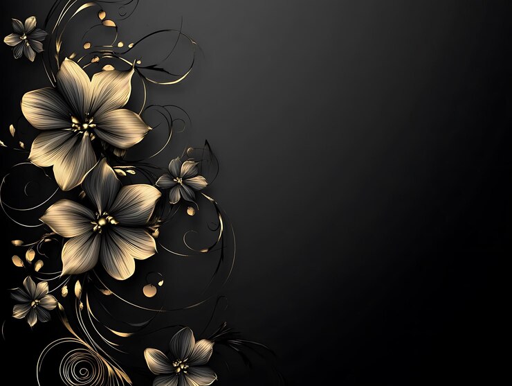 Elegante diseño floral dorado y blanco con intrincados elementos de flores y hojas sobre un fondo oscuro perfecto para decoración lujosa y exhibiciones artísticas