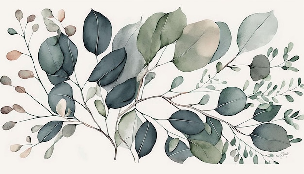 Foto elegante diseño de fondo de hojas de eucalipto acuarela ai generativa