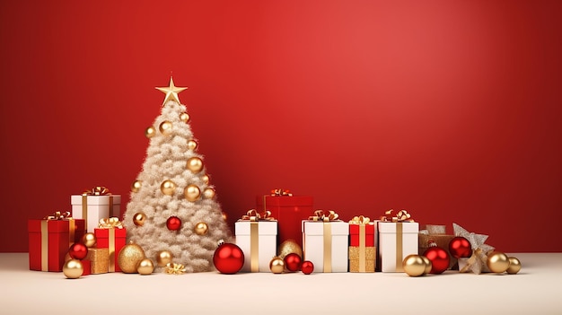 elegante diseño de fondo rojo de navidad y año nuevo banner con cajas de regalo y árbol de navidad