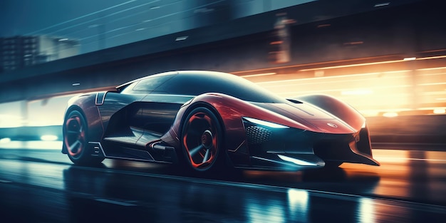 Elegante diseño futuro de superdeportivos de lujo conduciendo en la carretera de la ciudad moderna