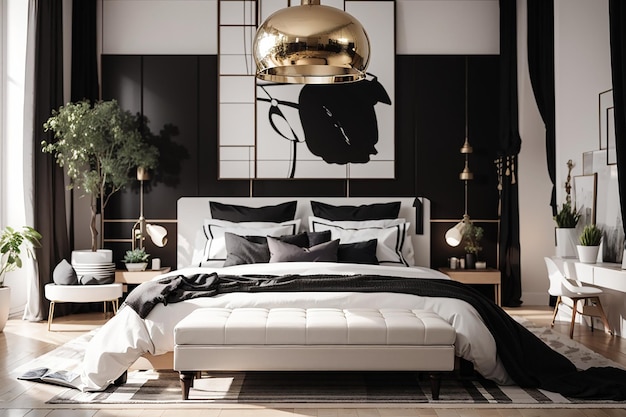 elegante diseño interior de dormitorio con almohadas blancas y negras en la cama