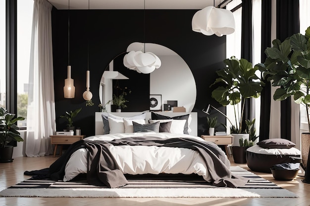 elegante diseño interior de dormitorio con almohadas blancas y negras en la cama