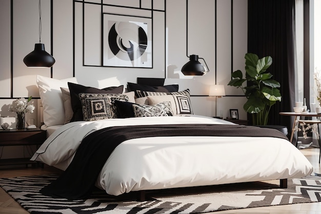 elegante diseño interior de dormitorio con almohadas blancas y negras en la cama